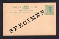 SIERRA LEONE - 1897 - POSTAL STATIONERY: ½d green QV postal stationery card (H&G 5) with large 'SPECIMEN' overprint in black.  (SIE/22319)