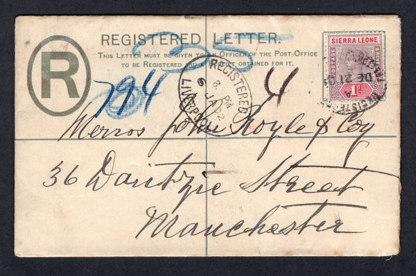 SIERRA LEONE - 1902 - POSTAL STATIONERY: 2d blue on white QV postal stationery registered envelope (H&G C1) used with added 1896 1d dull mauve & carmine QV issue (SG 42) tied by oval REGISTERED FREETOWN cancel. Addressed to UK with arrival mark on front.  (SIE/22322)