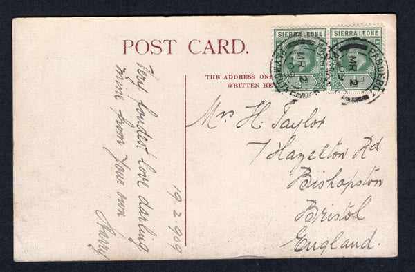 SIERRA LEONE - 1909 - MARITIME: Black & white PPC 'Officers Quarters, Tower Hill' franked on message side with pair 1907 ½d green EVII issue (SG 99) tied by two strikes of PAQUEBOT PLYMOUTH cds. Addressed to UK.  (SIE/22323)