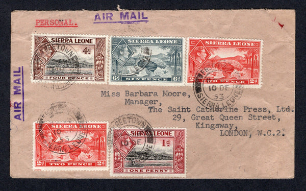 SIERRA LEONE - 1953 - AIRMAIL: Cover franked with 1938 1d black & lake, 2 x 2d scarlet, 4d black & red brown and 6d grey GVI issue (SG 189, 191a, 193 & 195) tied by FREETOWN cds's. Sent airmail to UK.  (SIE/22325)