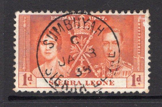 SIERRA LEONE - 1937 - CANCELLATION: 1d orange GVI 'Coronation' issue used with fine central strike of SUMBUYAH cds dated JAN 8 1938. (SG 185)  (SIE/26018)