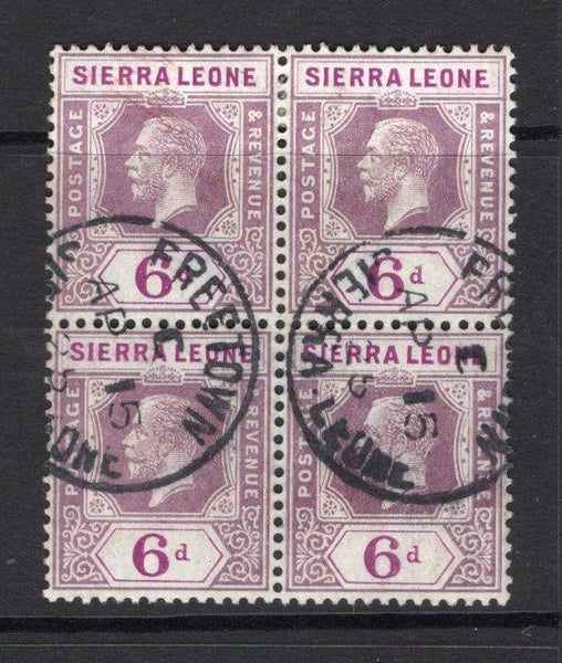 SIERRA LEONE - 1921 - MULTIPLE: 6d grey purple & bright purple GV issue, a fine used block of four with two strikes of FREETOWN cds dated AP 15 1925. (SG 139)  (SIE/32718)