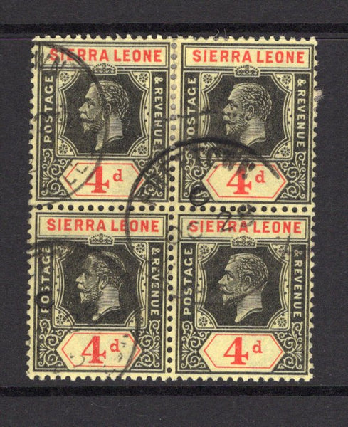 SIERRA LEONE - 1921 - MULTIPLE: 4d black & red on pale yellow GV issue, a fine used block of four with FREETOWN cds's dated OCT 28 1925. (SG 137)  (SIE/32719)