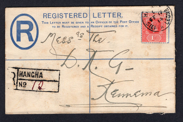 SIERRA LEONE - 1914 - POSTAL STATIONERY & CANCELLATION: 2d blue on white GV postal stationery registered envelope (H&G C3) used with added 1912 1d carmine red GV issue (SG 113) tied by partial HANGHA cds dated SEP 17 1914 with fine boxed 'R HANGHA No.12' registration marking alongside. Addressed to KENNEMA with arrival cds on reverse. A little light toning but a scarce origination.  (SIE/39325)