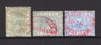 SIERRA LEONE - 1884 - CANCELLATION: ½d dull green, 2d grey and 2½d ultramarine QV issue both all with good part strikes of undated oval POST OFFICE MANOH SALIJAH SIERRA LEONE cancel in red. (SG 27 & 30/31)  (SIE/40257)