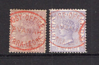 SIERRA LEONE - 1883 - CANCELLATION: 2d magenta QV issue used with good large part strike of undated oval POST OFFICE LAVANAH SIERRA LEONE cancel in red and 1884 1½d pale violet with a lighter strike of the cancel also in red. Very scarce. (SG 25 & 29)  (SIE/40258)