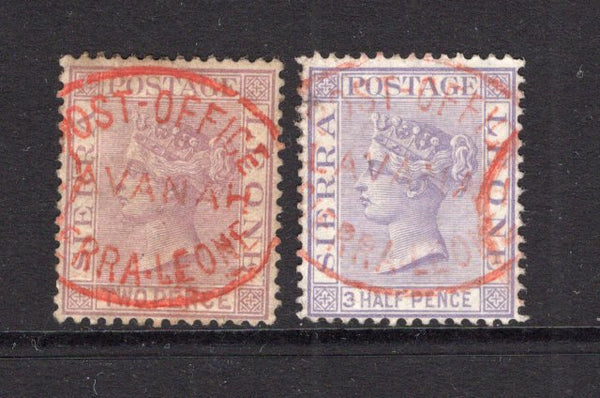 SIERRA LEONE - 1883 - CANCELLATION: 2d magenta QV issue used with good large part strike of undated oval POST OFFICE LAVANAH SIERRA LEONE cancel in red and 1884 1½d pale violet with a lighter strike of the cancel also in red. Very scarce. (SG 25 & 29)  (SIE/40258)