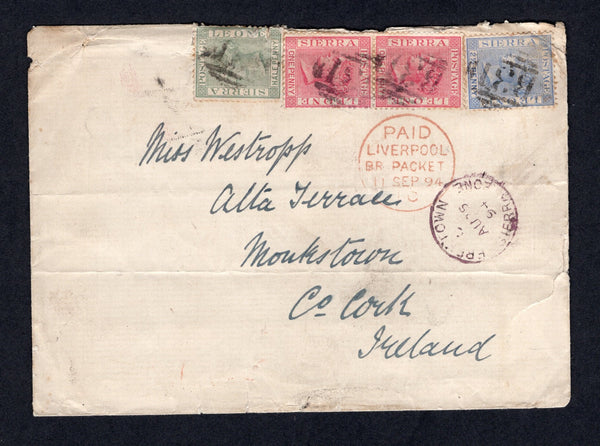 SIERRA LEONE - 1894 - QV ISSUE: Cover franked with 1884 ½dd dull green, pair 1d rose carmine and 2½d ultramarine QV issue (SG 27/28 & 31) tied by multiple strikes of barred numeral 'B31' cancels in black with FREETWON cds in dark red alongside dated AUG 5 1894. Addressed to IRELAND with PAID LIVERPOOL PACKET cds in red on front and G S & W. R.P.O. DOWN DAY Irish TPO transit cds on reverse. Cover has some small opening faults at top and a few other peripheral tears but otherwise very attractive and scarce. 