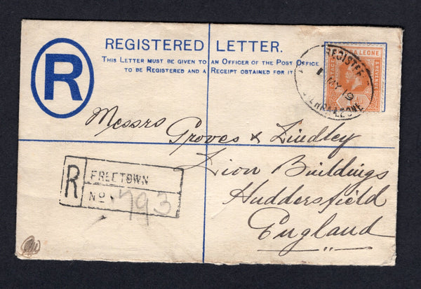 SIERRA LEONE - 1919 - POSTAL STATIONERY & REGISTRATION: 2d blue on white GV postal stationery registered envelope (H&G C3) used with added 1912 1½d orange yellow GV issue (SG 114a) tied by oval REGISTERED GPO SIERRA LEONE cancel dated 1 MY 1919 with boxed 'R FREETOWN No.793' registration marking alongside. Addressed to UK with arrival mark on reverse.  (SIE/40896)