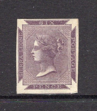 SIERRA LEONE - 1859 - PROOF: 6d dull purple QV issue, a fine IMPERF PROOF on thin hard toned paper without watermark. Margins all round. Very scarce. (As SG 1)  (SIE/41338)