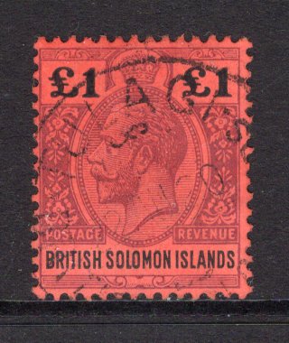 SOLOMON ISLANDS - 1914 - GV ISSUE: £1 purple & black on red GV issue, a superb cds used copy. (SG 38)  (SOL/15856)