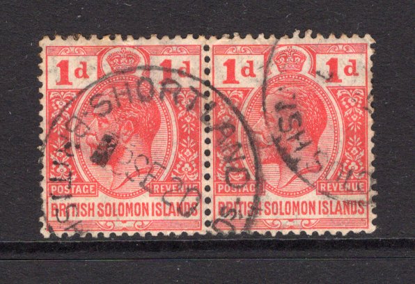 SOLOMON ISLANDS - 1914 - CANCELLATION: 1d carmine red 'GV' issue, pair used with fine strike of SHORTLAND BRITISH SOLOMON ISLANDS cds dated 9 SEP 1920. Scarce cancel. (SG 24)  (SOL/18852)