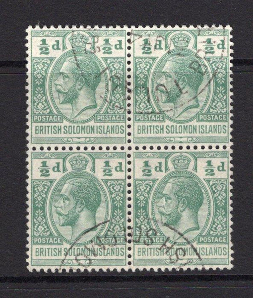 SOLOMON ISLANDS - 1913 - MULTIPLE: ½d green GV 'Postage Postage' issue a fine cds used block of four. (SG 18)  (SOL/1970)