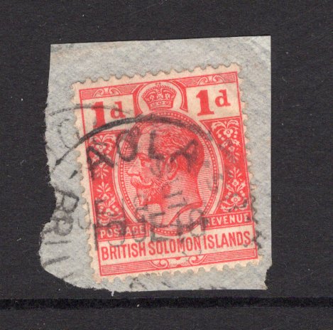 SOLOMON ISLANDS - 1918 - CANCELLATION: 1d scarlet GV issue on small piece with good part strike of AOLA cds dated 19 JE 1918. Extremely Rare. (SG 25)  (SOL/1977)