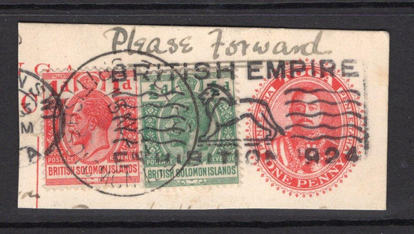 SOLOMON ISLANDS - 1924 - CANCELLATION: Large cut out from a Tongan 1d red postal stationery card (H&G 2) with additional Solomon Islands ½d green & 1d scarlet red GV issue tied by TULAGI cds and fine strike of BRITISH EMPIRE EXHIBITION 1924 'Lion' cancel. Unusual item. (SG 39/40)  (SOL/1978)