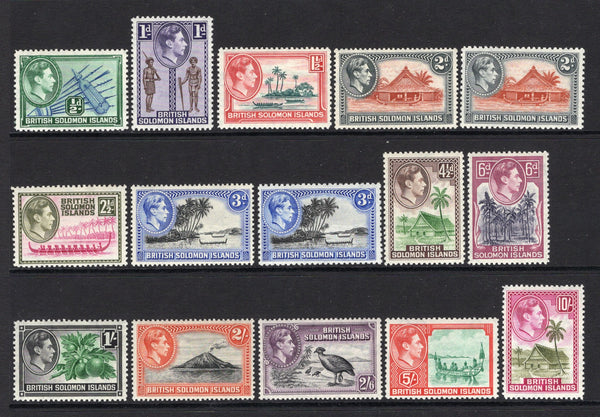 SOLOMON ISLANDS - 1939 - GVI ISSUE: GVI 'Definitive' issue the complete set of thirteen plus both perforation varieties of 2d & 3d all fine mint. (SG 60/72, 63a, 65a)  (SOL/1991)