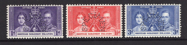 SOLOMON ISLANDS - 1937 - SPECIMENS: GVI 'Coronation' issue the set of three perforated SPECIMEN. (SG 57/59s)  (SOL/1995)