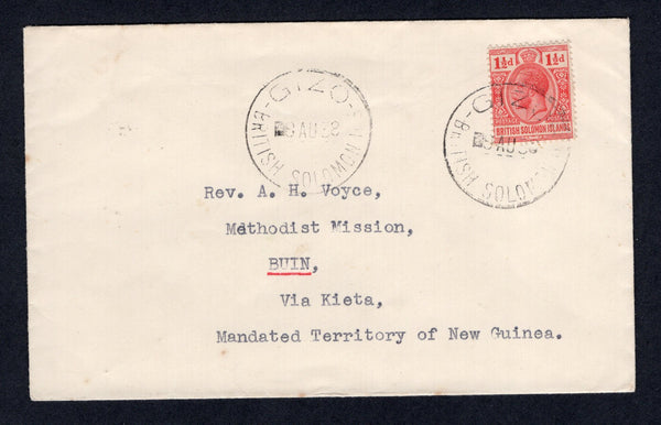 SOLOMON ISLANDS - 1929 - CANCELLATION: Cover franked with single 1921 1½d bright scarlet GV issue (SG 42) tied by GIZO cds with second strike alongside. Addressed to BUIN, NEW GUINEA. Fine cover.  (SOL/22343)