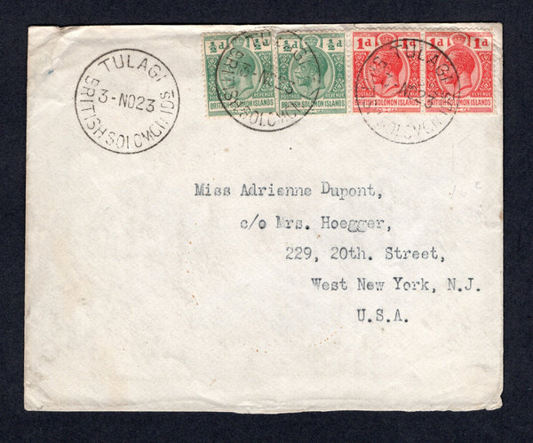 SOLOMON ISLANDS - 1923 - GV ISSUE: Cover franked with 1914 pair ½d green and pair 1d carmine red GV issue (SG 22 & 24) tied by TULAGI cds's. Addressed to USA.  (SOL/22345)