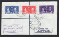 SOLOMON ISLANDS - 1938 - CANCELLATION: Registered cover franked with the 1937 GVI 'Coronation' issue set of three tied by SHORTLAND ISLD cds's with boxed 'SHORTLAND' registration marking in violet alongside. Addressed to UK with SYDNEY transit cds on reverse. Scarce origination.  (SOL/22347)