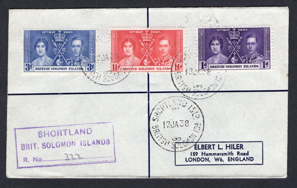 SOLOMON ISLANDS - 1938 - CANCELLATION: Registered cover franked with the 1937 GVI 'Coronation' issue set of three tied by SHORTLAND ISLD cds's with boxed 'SHORTLAND' registration marking in violet alongside. Addressed to UK with SYDNEY transit cds on reverse. Scarce origination.  (SOL/22347)