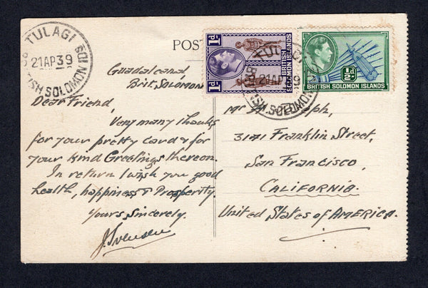 SOLOMON ISLANDS - 1939 - GVI ISSUE & POSTCARD: Black & white PPC 'Missions in the South Seas - Solomon Islands - The Church of Kakabona' franked on message side with 1939 ½d blue & blue green and 1d brown & deep violet GVI issue (SG 60/61 used in third month of issue) tied by TULAGI cds with second strike alongside. Addressed to USA. A rare pre war use.  (SOL/22349)