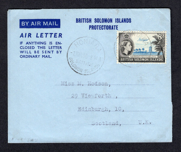 SOLOMON ISLANDS - 1956 - AIRMAIL: Printed dark blue on blue 'BRITISH SOLOMON ISLANDS PROTECTORATE' airletter franked with 1956 8d bright blue & black QE2 issue (SG 90) tied by HONIARA cds with second strike alongside. Addressed to UK. No message.  (SOL/22365)