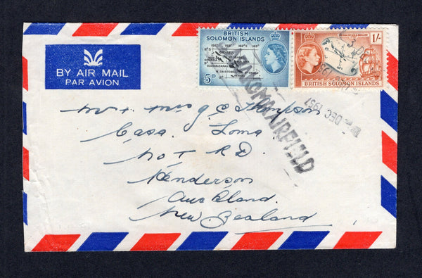 SOLOMON ISLANDS - 1957 - BARAKOMA AIRFIELD: Airmail cover franked with 1956 5d black & blue and 1/- slate & yellow brown QE2 issue (SG 88 & 91) tied by good strike of large straight line 'BARAKOMA AIRFIELD' marking in black with multiple strikes of '3 DEC 1957' date handstamp alongside. Addressed to NEW ZEALAND.  (SOL/22379)