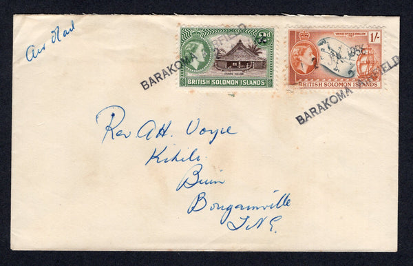 SOLOMON ISLANDS - 1956 - BARAKOMA AIRFIELD: Cover franked with 1956 2d deep brown & dull green and 1/- slate & yellow brown QE2 issue (SG 85 & 91) tied by two strikes of small straight line 'BARAKOMA AIRFIELD' marking in black with '2 JUL 1956' date handstamps alongside. Sent airmail to BOUGAINVILLE, NEW GUINEA.  (SOL/22384)