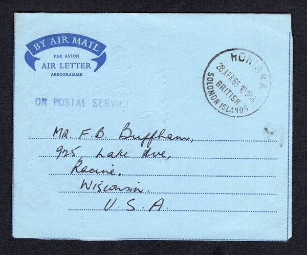 SOLOMON ISLANDS - 1965 - OFFICIAL MAIL: Printed dark blue on blue airletter with typed 'Comptroller of Posts and Telecommunications G.P.O. Honiara B.S.I.P.' on reverse used with HONIARA cds and small straight line 'ON POSTAL SERVICE' marking in blue on front. Addressed to USA.  (SOL/22392)