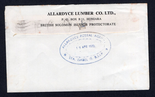 SOLOMON ISLANDS - 1970 - CANCELLATION: Commercial cover with printed 'ALLARDYCE LUMBER CO. LTD' imprint on flap with fine strike of oval ALLARDYCE POSTAL AGENCY STA. ISABEL IS. B.S.I.P. 'Crown' originating cancel dated 19 APR 1970 in blue black on reverse, franked with single 1968 3c green, myrtle green & black QE2 issue (SG 168) tied on arrival by HONIARA machine cancel. Addressed to HONIARA. This is the earliest recorded date for this Postal Agency.  (SOL/22409)