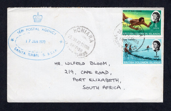 SOLOMON ISLANDS - 1970 - CANCELLATION: Commercial cover with fine strike of oval SEPI POSTAL AGENCY SANTA ISABEL IS B.S.I.P. 'Crown' originating cancel dated 17 JAN 1970 in blue on front, franked with 1968 1c turquoise blue, black & brown and 6c 'Gold lip shell diving' QE2 issue (SG 166 & 170) tied in transit by HONIARA cds. Addressed to SOUTH AFRICA. This is the earliest recorded date for this Postal Agency.  (SOL/22413)