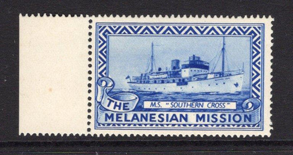 SOLOMON ISLANDS - 1938 - CINDERELLA: Blue 'Melanesian Mission' cinderella label with lovely engraved image of the 'M.V. Southern Cross' vessel. Printed by Harrison & Sons Ltd London. Very attractive.  (SOL/24074)