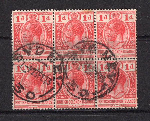 SOLOMON ISLANDS - 1922 - MULTIPLE: 1d scarlet GV issue, watermark 'Multi Script CA', a fine used block of six with two strikes of SYDNEY (Australia) cds dated 23 FEB 1923. (SG 40)  (SOL/36196)