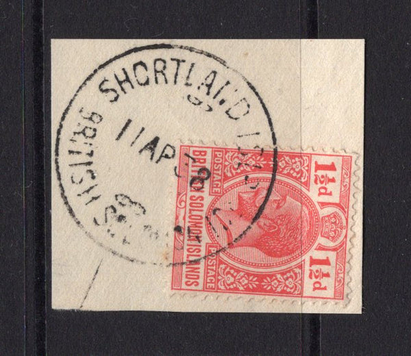 SOLOMON ISLANDS - 1938 - CANCELLATION: 1½d bright scarlet 'GV' issue tied on small piece by fine strike of SHORTLAND ISLD cds dated 11 AP 1938. Scarce cancel. (SG 42)  (SOL/9492)