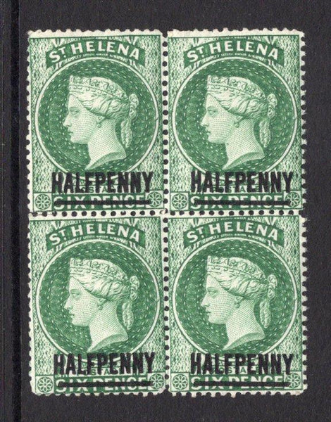 SAINT HELENA - 1884 - MULTIPLE & VARIETY: ½d on 6d green QV issue, watermark 'Crown CA' (words 14½mm long). A fine mint block of four with variety NO WATERMARK ON BOTTOM TWO STAMPS. (SG 36 variety)  (STH/15616)