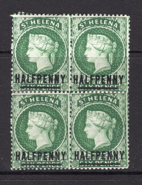 SAINT HELENA - 1884 - MULTIPLE: ½d on 6d green QV issue, watermark 'Crown CA' (words 17mm long). A fine mint block of four. (SG 35)  (STH/15617)