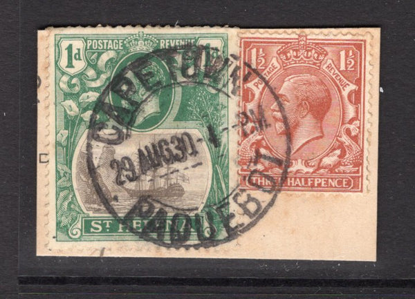 SAINT HELENA - 1930 - CANCELLATION: 1d grey & green GV issue used on piece with Great Britain 1924 1½d red brown GV issue tied by fine CAPETOWN PAQUEBOT cds dated 29 AUG 1930. (SG 98 & 418)  (STH/15626)