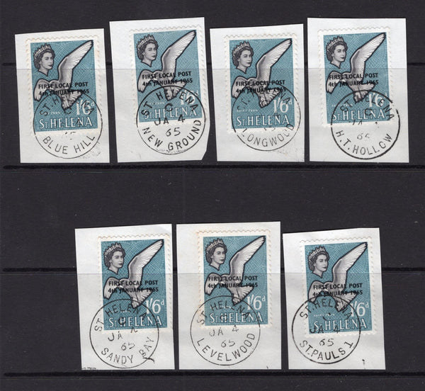 SAINT HELENA - 1965 - CANCELLATION: 1/6d grey, black & slate blue QE2 issue with 'FIRST LOCAL POST 4TH JANUARY 1965' overprint. The set of seven copies all tied on small pieces with a fine strike of each of the seven different local post office cancels, BLUE HILL, NEW GROUND, LONGWOOD, H.T. HOLLOW, SANDY BAY, LEVELWOOD and ST PAULS 1. All dated on the first day - JAN 4 1965. (SG 196)  (STH/25982)