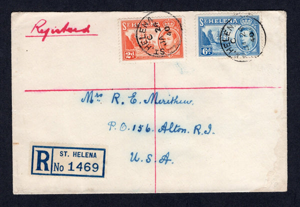 SAINT HELENA - 1940 - REGISTRATION: Registered cover franked with 1938 2d red orange and 6d light blue GVI issue (SG 134 & 136) tied by ST. HELENA cds's with printed blue & white 'ST. HELENA' registration label alongside. Addressed to USA with arrival marks on reverse.  (STH/26268)