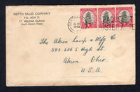 SAINT HELENA - 1940 - MARITIME MAIL: Cover with printed 'Netto Sales Company P.O.Box 71 ST. HELENA ISLAND (South Atlantic Ocean)' company heading franked with South Africa 1933 strip of three 1d grey & carmine (SG 56) tied by SOUTHAMPTON PAQUEBOT POSTED AT SEA cancel. Addressed to USA.  (STH/27438)