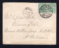 SAINT HELENA - 1901 - BOER WAR & PRISONER OF WAR MAIL: Incoming cover from the Cape of Good Hope franked with pair 1893 ½d green (SG 58) tied by G.P.O. CAPETOWN cds dated 31 MAY 1901. Addressed to 'Mr G. F. Van Eck, Prisoner of War, Broad Bottom Camp Tent 161, St. Helena' with fine ST HELENA arrival cds on front and small circular 'CENSOR PRISONERS OF WAR' marking in purple alongside.  (STH/34538)
