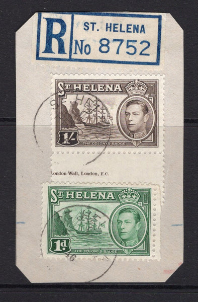 SAINT HELENA - 1938 - GVI ISSUE: 1d green and 1/- sepia GVI issue tied on registered piece with printed blue on white 'ST. HELENA' registration label. Stamps tied by ST. HELENA cds's dated FEB 28 1946. (SG 132 & 137)  (STH/34599)