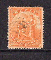 SAINT KITTS & NEVIS - NEVIS - 1866 - CLASSIC ISSUES: 4d deep orange on white paper, a fine used copy with light 'A09' Barred numeral cancel. (SG 12)  (STK/15629)