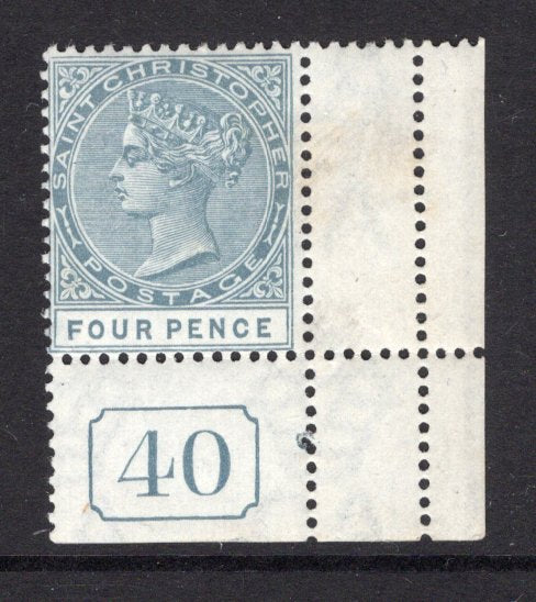 SAINT KITTS & NEVIS - 1882 - SAINT CHRISTOPHER - CLASSIC ISSUES: 4d grey QV issue, a fine mint corner marginal copy with '40' Plate number in margin. (SG 18)  (STK/15638)