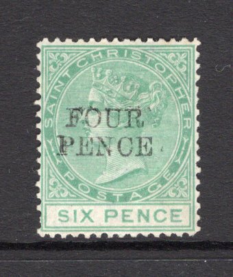 SAINT KITTS & NEVIS - SAINT CHRISTOPHER - 1882 - PROVISIONAL ISSUE: 'FOUR PENCE' on 6d green QV 'Provisional' SURCHARGE issue with 'Full Stop after Pence', a fine mint copy. (SG 22a)  (STK/15640)