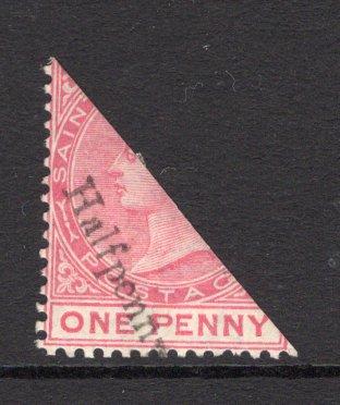 SAINT KITTS & NEVIS - SAINT CHRISTOPHER - 1885 - PROVISIONAL ISSUE: 'Halfpenny' on diagonally BISECTED 1d carmine rose QV 'Provisional' SURCHARGE issue, a fine mint copy. (SG 23)  (STK/15642)