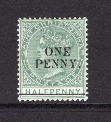 SAINT KITTS & NEVIS - SAINT CHRISTOPHER - 1887 - PROVISIONAL ISSUE: 'ONE PENNY' on ½d dull green QV 'Provisional' SURCHARGE issue, a fine mint copy. (SG 26)  (STK/15645)