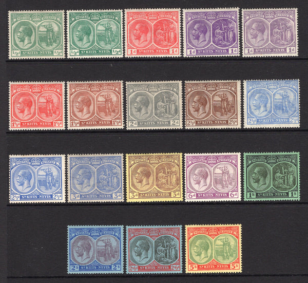 SAINT KITTS & NEVIS - 1921 - GV ISSUE: 'GV' issue, the set of sixteen plus both listed shades of the ½d & 1d fine mint. (SG 37/47b, 37a & 39a)  (STK/15650)