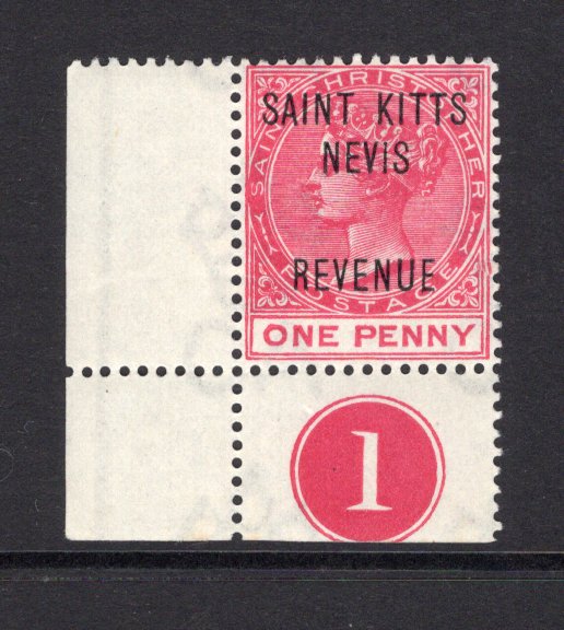 SAINT KITTS & NEVIS - SAINT CHRISTOPHER - 1885 - POSTAL FISCAL: 1d rose QV issue with 'SAINT KITTS NEVIS REVENUE' overprint, a fine mint corner marginal copy with '1' Plate number in margin. (SG R3)  (STK/15654)
